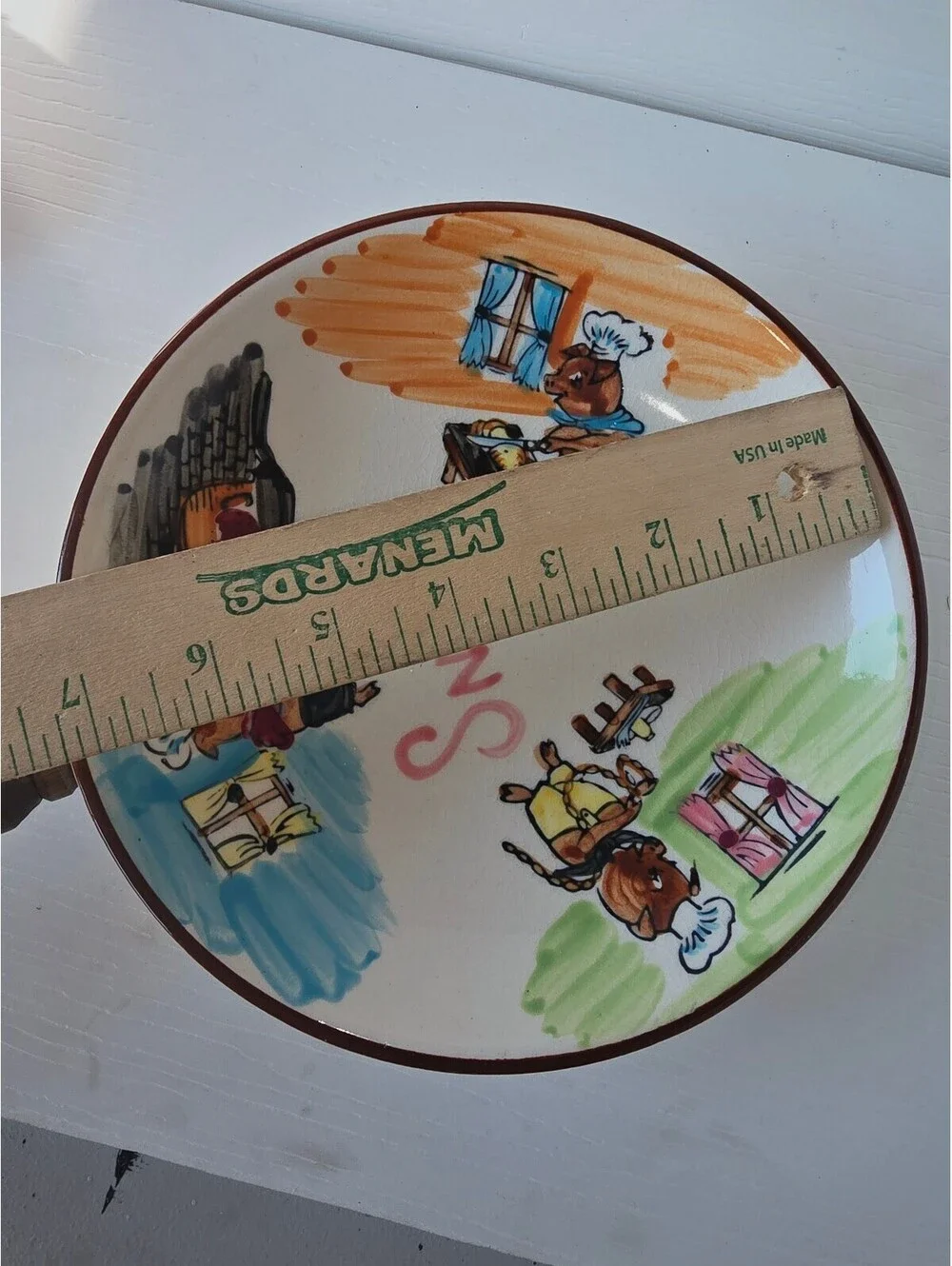 Vintage Ceramic Skillet Wall Plaque Three Little Pigs Chef Snacks Wooden Handle